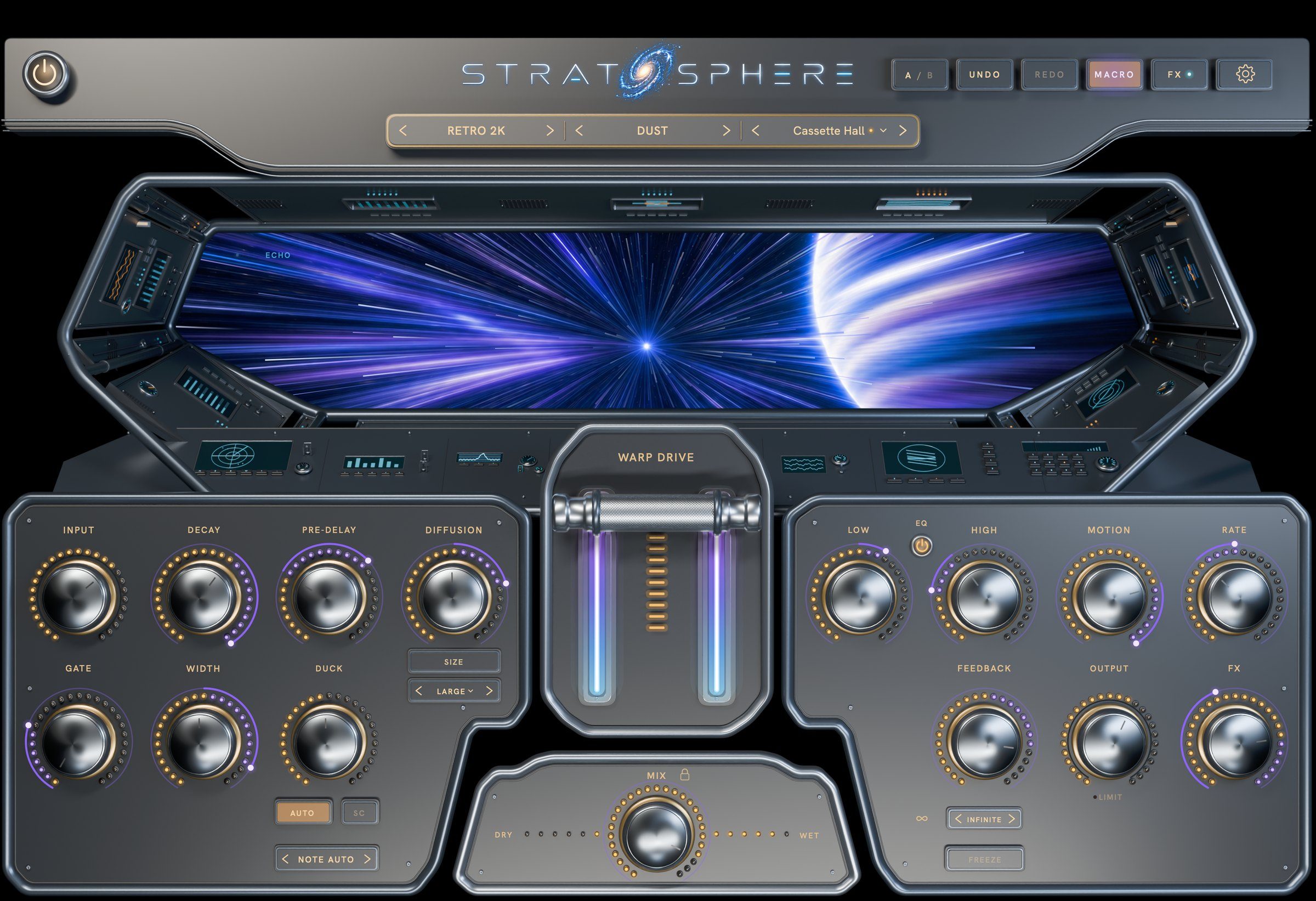 Stratosphere in the Silver skin at warp: brushed metal cockpit with chrome knobs